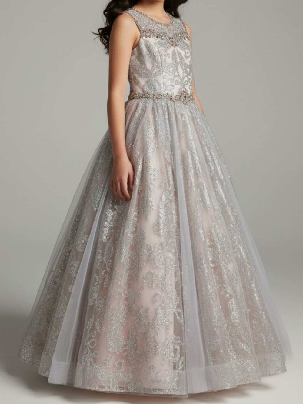 Angels Luxury Blush & Silver Glitz Pageant Gown, Rhinestone Embellished, Size 6